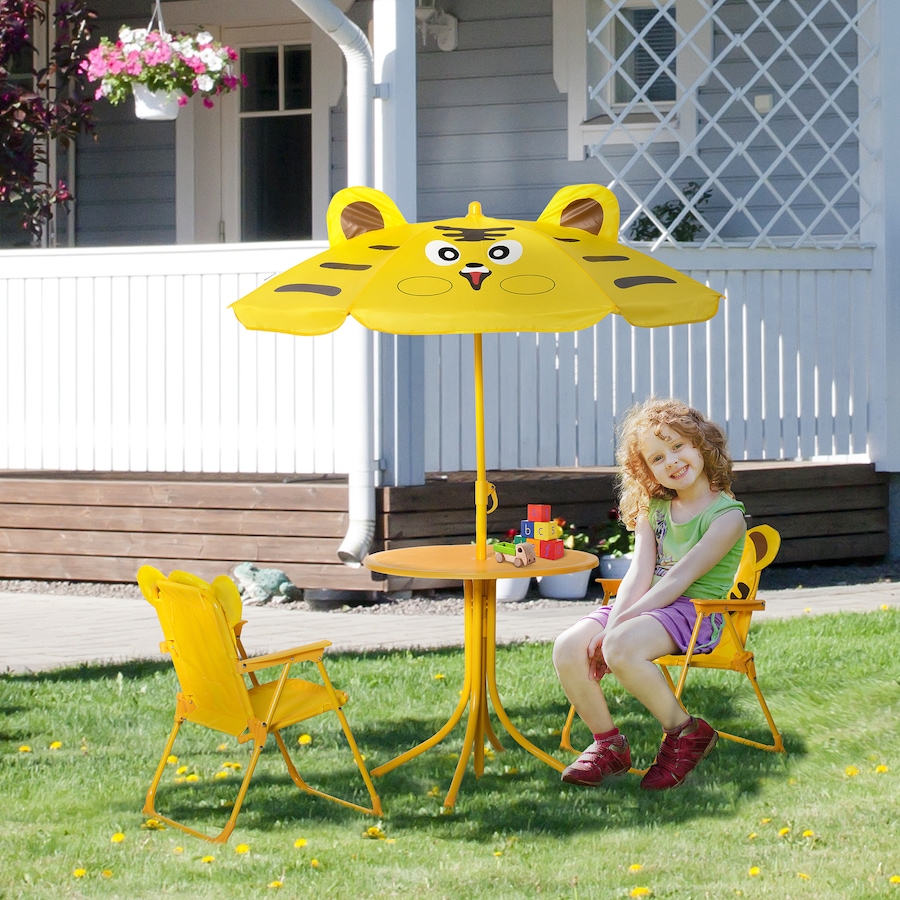 Image 904428_ALTMORE1.jpg, Product 904-428 / Price $72.99, Outsunny Kids Folding Picnic Table and Chair Set Pattern Outdoor Garden Patio Backyard with Removable & Height Adjustable Sun Umbrella Yellow from Outsunny on TSC.ca's Home & Garden department