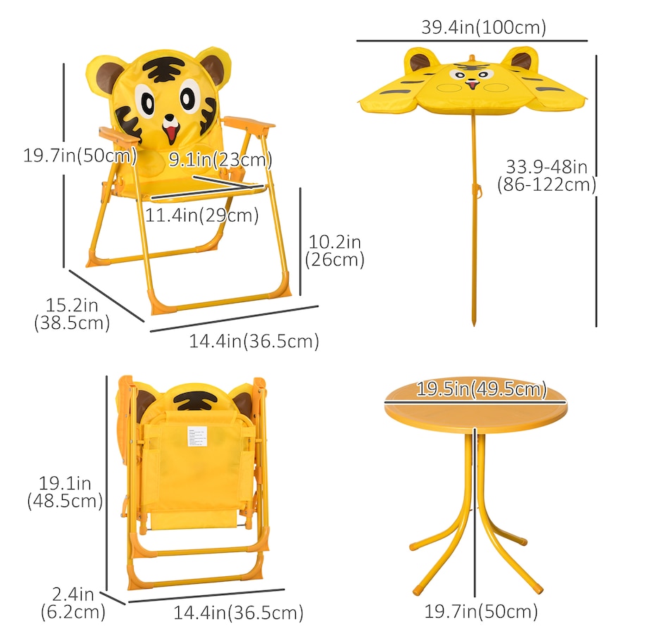 Image 904428_ALTMORE2.jpg, Product 904-428 / Price $69.99, Outsunny Kids Folding Picnic Table and Chair Set Pattern Outdoor Garden Patio Backyard with Removable & Height Adjustable Sun Umbrella Yellow from Outsunny on TSC.ca's Home & Garden department