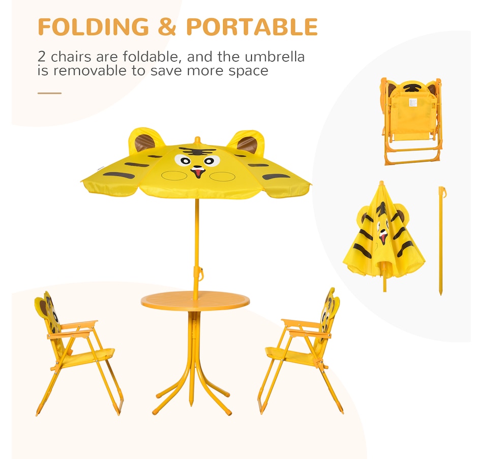 Image 904428_ALTMORE3.jpg, Product 904-428 / Price $69.99, Outsunny Kids Folding Picnic Table and Chair Set Pattern Outdoor Garden Patio Backyard with Removable & Height Adjustable Sun Umbrella Yellow from Outsunny on TSC.ca's Home & Garden department