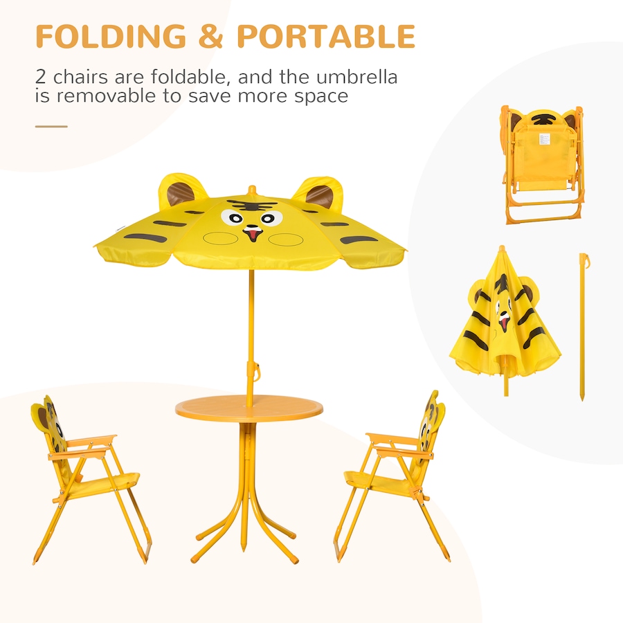 Image 904428_ALTMORE3.jpg, Product 904-428 / Price $72.99, Outsunny Kids Folding Picnic Table and Chair Set Pattern Outdoor Garden Patio Backyard with Removable & Height Adjustable Sun Umbrella Yellow from Outsunny on TSC.ca's Home & Garden department