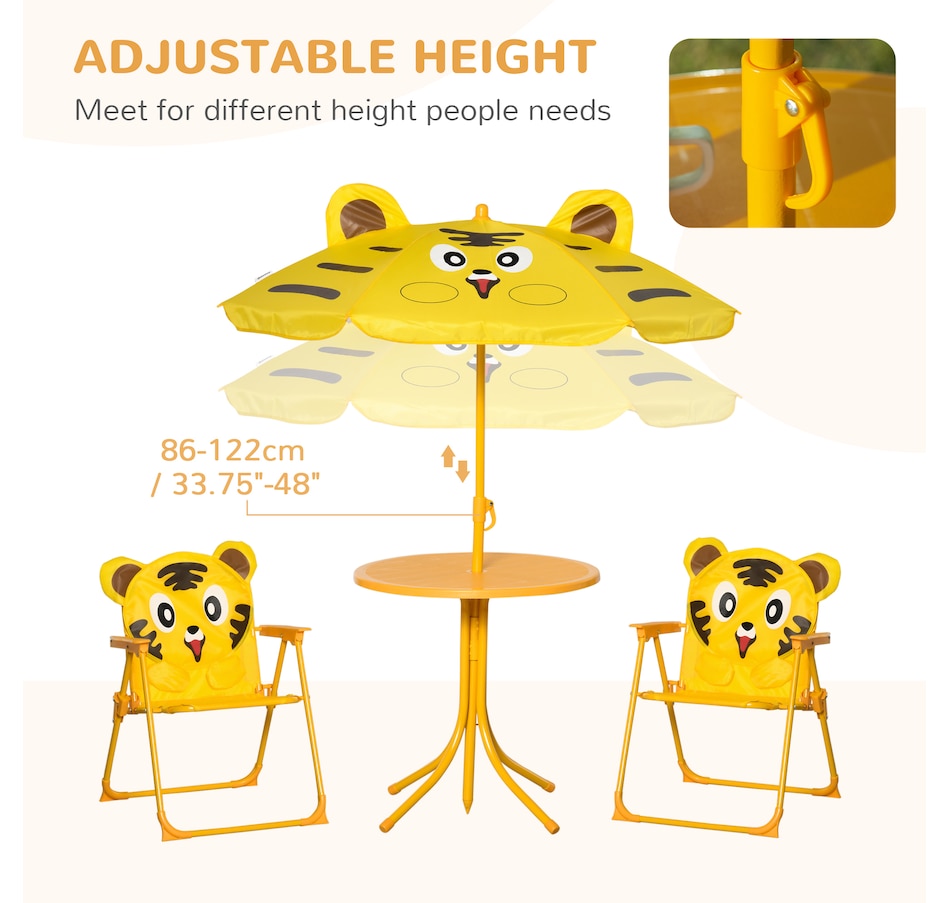 Image 904428_ALTMORE4.jpg, Product 904-428 / Price $69.99, Outsunny Kids Folding Picnic Table and Chair Set Pattern Outdoor Garden Patio Backyard with Removable & Height Adjustable Sun Umbrella Yellow from Outsunny on TSC.ca's Home & Garden department