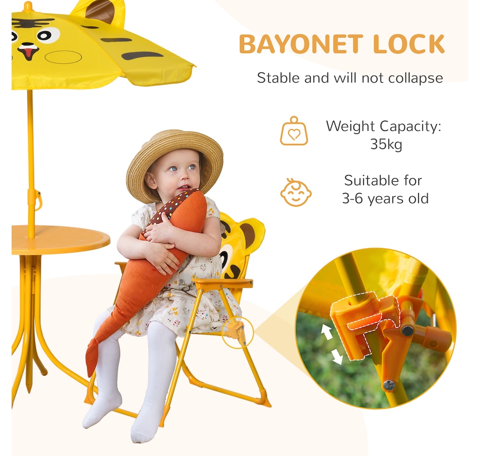 Image 904428_ALTMORE5.jpg, Product 904-428 / Price $69.99, Outsunny Kids Folding Picnic Table and Chair Set Pattern Outdoor Garden Patio Backyard with Removable & Height Adjustable Sun Umbrella Yellow from Outsunny on TSC.ca's Home & Garden department