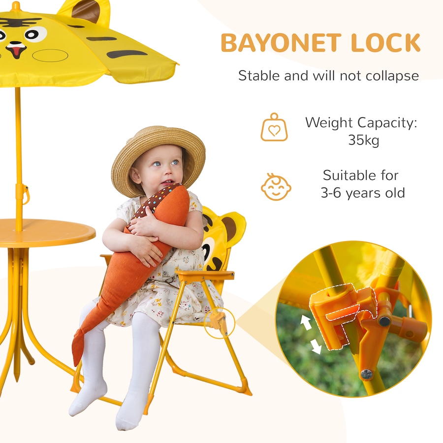 Image 904428_ALTMORE5.jpg, Product 904-428 / Price $72.99, Outsunny Kids Folding Picnic Table and Chair Set Pattern Outdoor Garden Patio Backyard with Removable & Height Adjustable Sun Umbrella Yellow from Outsunny on TSC.ca's Home & Garden department
