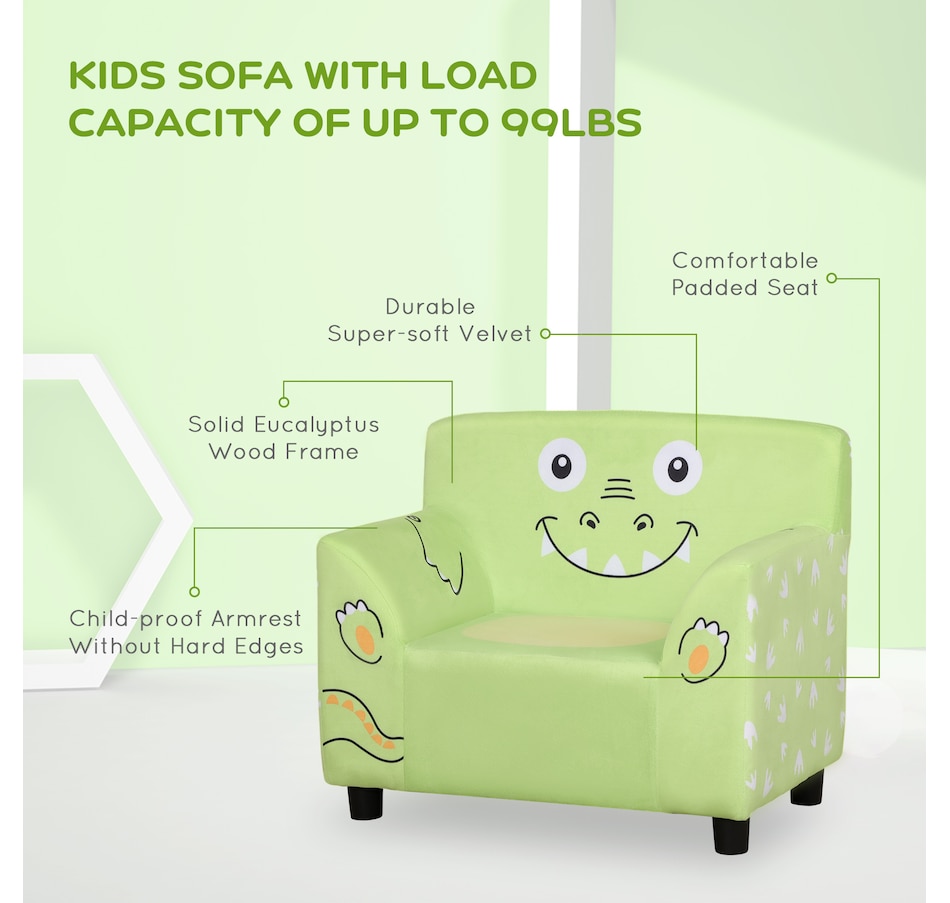 Image 904432_ALTMORE3.jpg, Product 904-432 / Price $79.99, Qaba Kids Sofa, Armrest Chair for Preschool, Toddler Couch for Kids Room, Kindergarten with Cute Animal Print, Super-soft Velvet, Eucalyptus Wood, Green from Qaba on TSC.ca's Home & Garden department