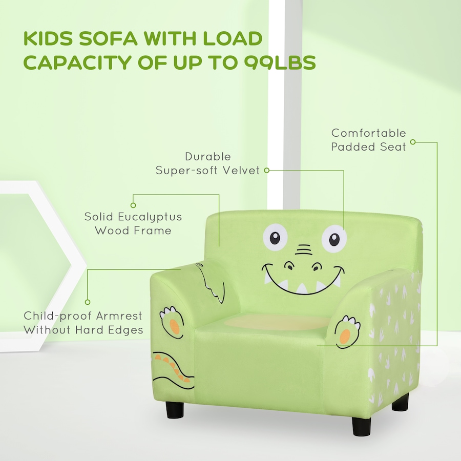 Image 904432_ALTMORE3.jpg, Product 904-432 / Price $71.99, Qaba Kids Sofa, Armrest Chair for Preschool, Toddler Couch for Kids Room, Kindergarten with Cute Animal Print, Super-soft Velvet, Eucalyptus Wood, Green from Qaba on TSC.ca's Home & Garden department