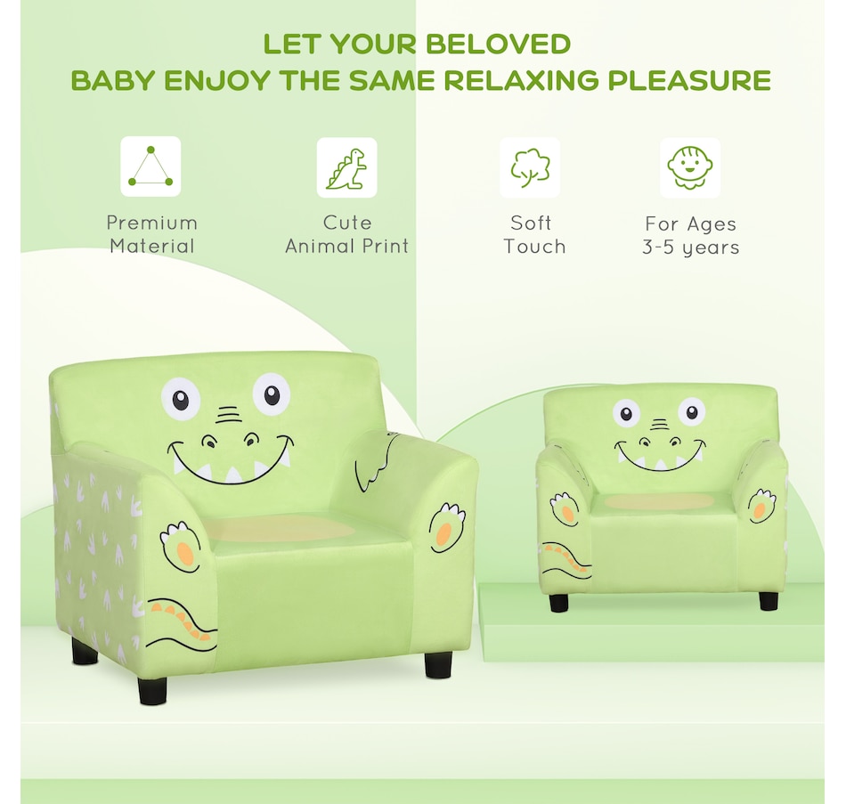 Image 904432_ALTMORE4.jpg, Product 904-432 / Price $79.99, Qaba Kids Sofa, Armrest Chair for Preschool, Toddler Couch for Kids Room, Kindergarten with Cute Animal Print, Super-soft Velvet, Eucalyptus Wood, Green from Qaba on TSC.ca's Home & Garden department