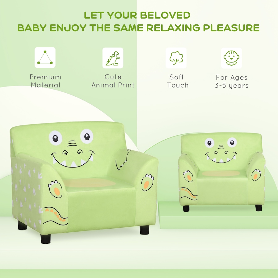 Image 904432_ALTMORE4.jpg, Product 904-432 / Price $71.99, Qaba Kids Sofa, Armrest Chair for Preschool, Toddler Couch for Kids Room, Kindergarten with Cute Animal Print, Super-soft Velvet, Eucalyptus Wood, Green from Qaba on TSC.ca's Home & Garden department