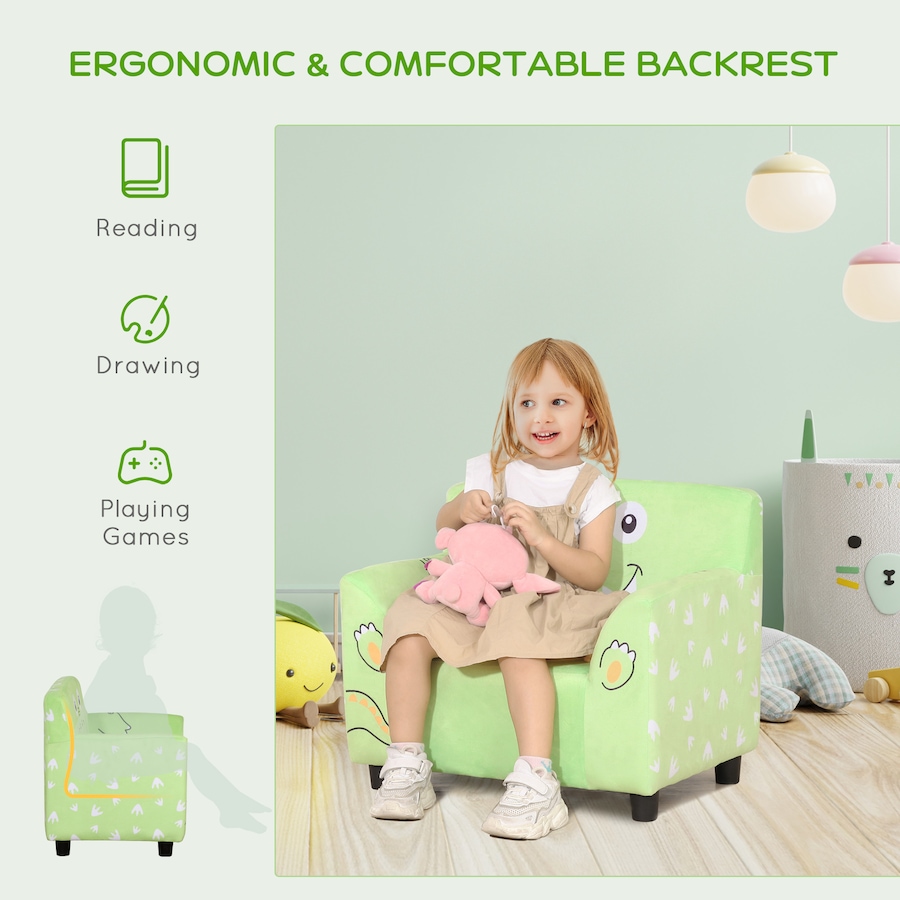 Image 904432_ALTMORE5.jpg, Product 904-432 / Price $71.99, Qaba Kids Sofa, Armrest Chair for Preschool, Toddler Couch for Kids Room, Kindergarten with Cute Animal Print, Super-soft Velvet, Eucalyptus Wood, Green from Qaba on TSC.ca's Home & Garden department