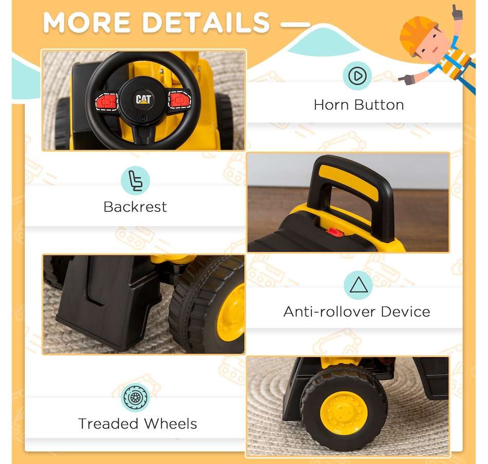 Image 904863_ALTMORE6.jpg, Product 904-863 / Price $81.99, Aosom CAT Licensed Excavator Ride-on Toy for Kids w/ Manual Shovel, Yellow from Aosom on TSC.ca's Toys & Hobbies department