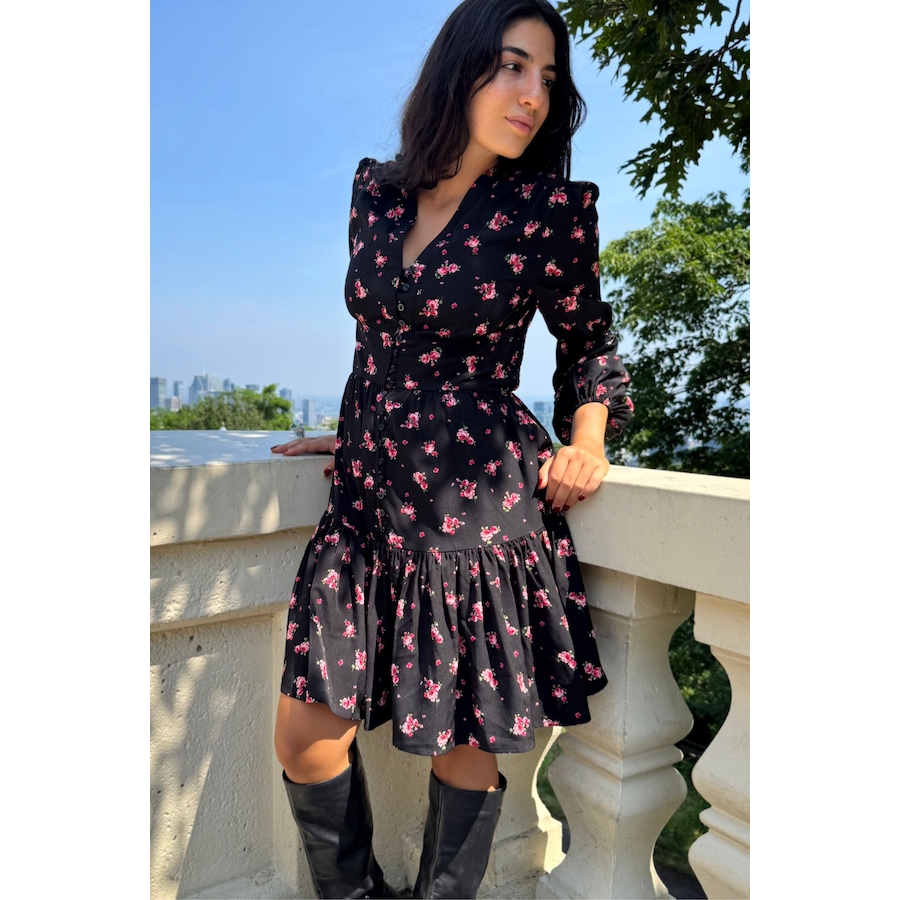 Image 905004_ALTMORE1.jpg, Product 905-004 / Price $55.63, Mila Black Dress Pink Floral Print Button Front Long Sleeves from ANNICK on TSC.ca's Fashion department