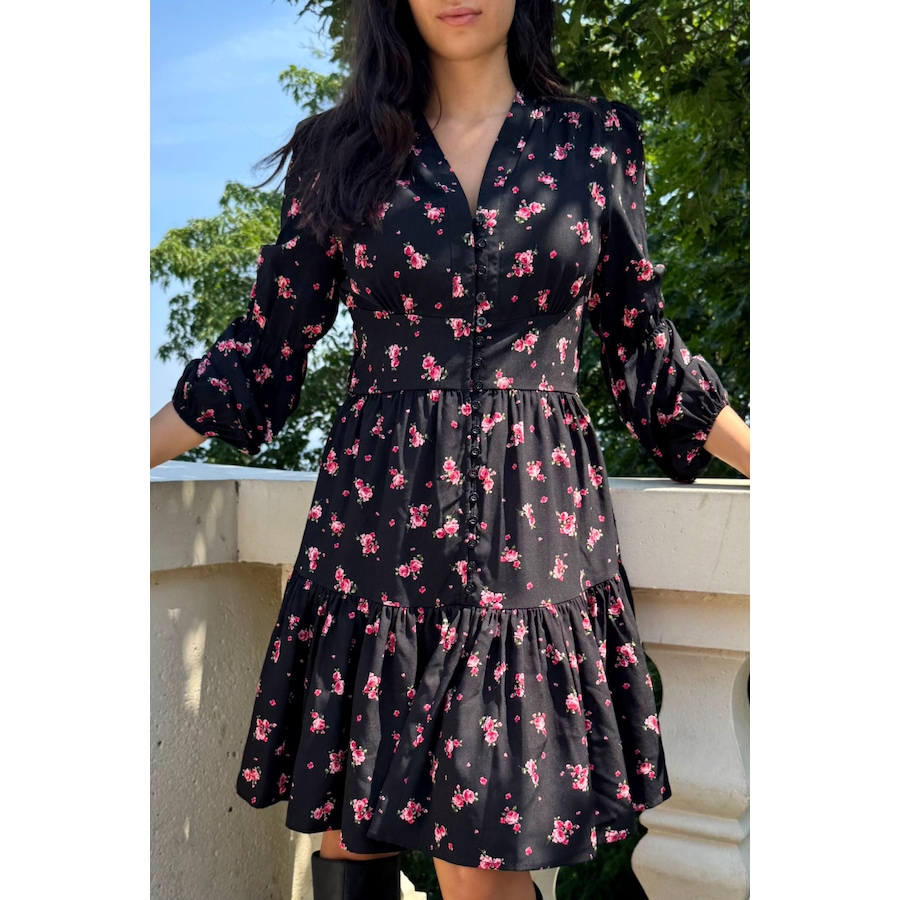 Image 905004_ALTMORE2.jpg, Product 905-004 / Price $55.63, Mila Black Dress Pink Floral Print Button Front Long Sleeves from ANNICK on TSC.ca's Fashion department