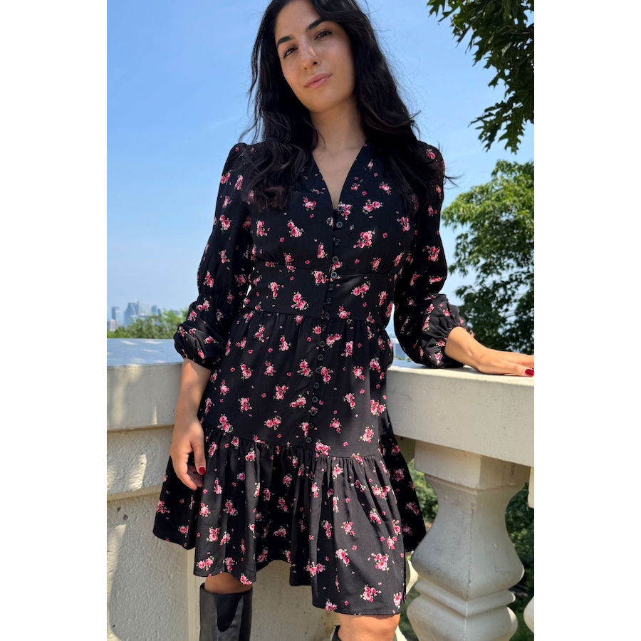 Image 905004_ALTMORE3.jpg, Product 905-004 / Price $55.63, Mila Black Dress Pink Floral Print Button Front Long Sleeves from ANNICK on TSC.ca's Fashion department