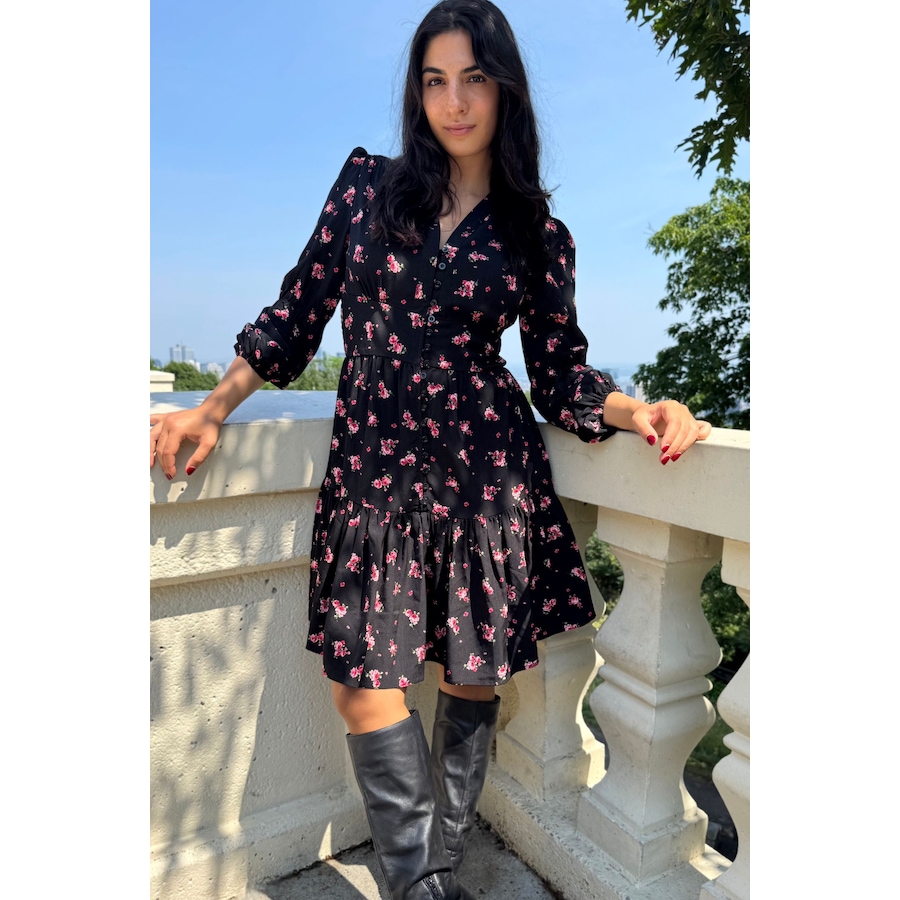 Image 905004_ALTMORE4.jpg, Product 905-004 / Price $55.63, Mila Black Dress Pink Floral Print Button Front Long Sleeves from ANNICK on TSC.ca's Fashion department