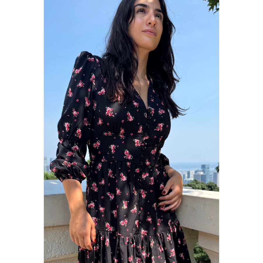 Image 905004_ALTMORE5.jpg, Product 905-004 / Price $55.63, Mila Black Dress Pink Floral Print Button Front Long Sleeves from ANNICK on TSC.ca's Fashion department