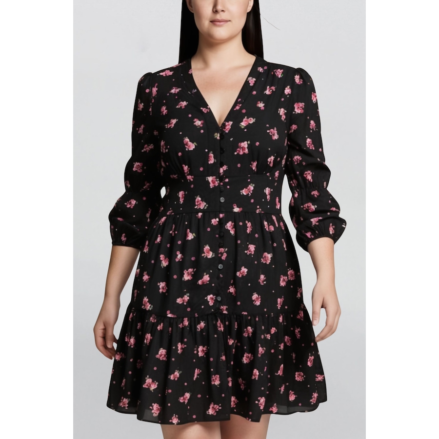 Image 905004_ST01.jpg, Product 905-004 / Price $55.63, Mila Black Dress Pink Floral Print Button Front Long Sleeves from ANNICK on TSC.ca's Fashion department