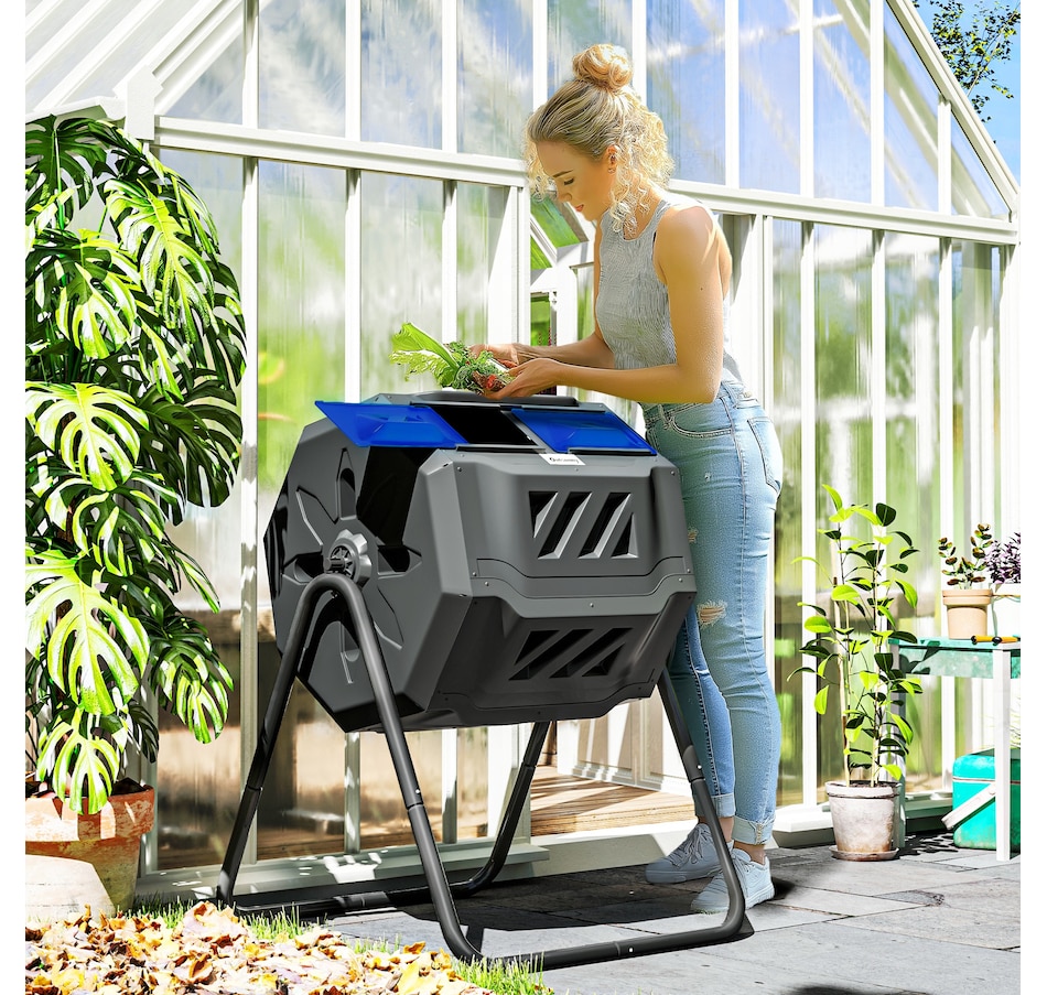 Image 907025_ALTMORE1.jpg, Product 907-025 / Price $104.99, Outsunny Outdoor Dual Chamber 360° Rotating Composter 43 Gallon Blue from Outsunny on TSC.ca's Home & Garden department