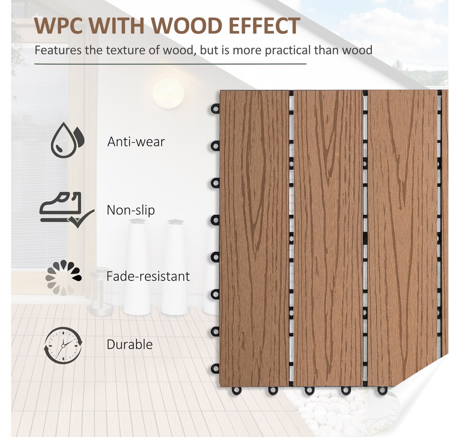 Image 907098_ALTMORE3.jpg, Product 907-098 / Price $74.99, Outsunny 11 Pack 12" x 12" WPC Interlocking Deck Tiles Waterproof from Outsunny on TSC.ca's department