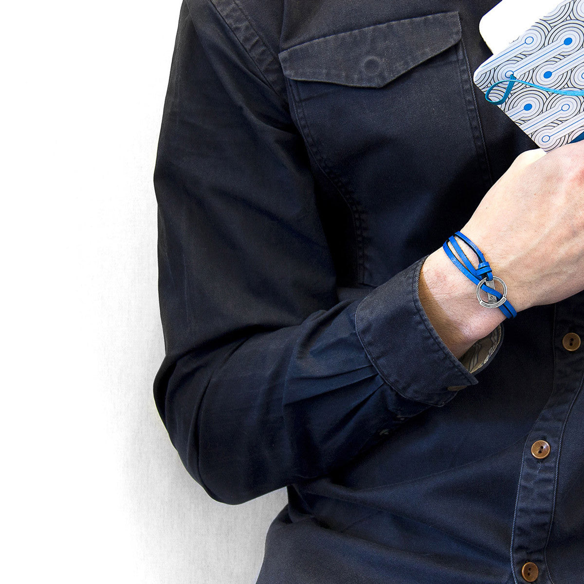 Royal Blue Ketch Anchor Silver and Flat Leather Bracelet