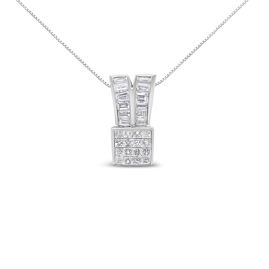Image 908884.jpg, Product 908-884 / Price $14,751.00, 14K White Gold 1 5/8 cttw Princess and Baguette Cut Diamond Heart Ribbon Pendant Necklace (G-H, VS1-VS2) from Haus of Brilliance on TSC.ca's Jewellery department