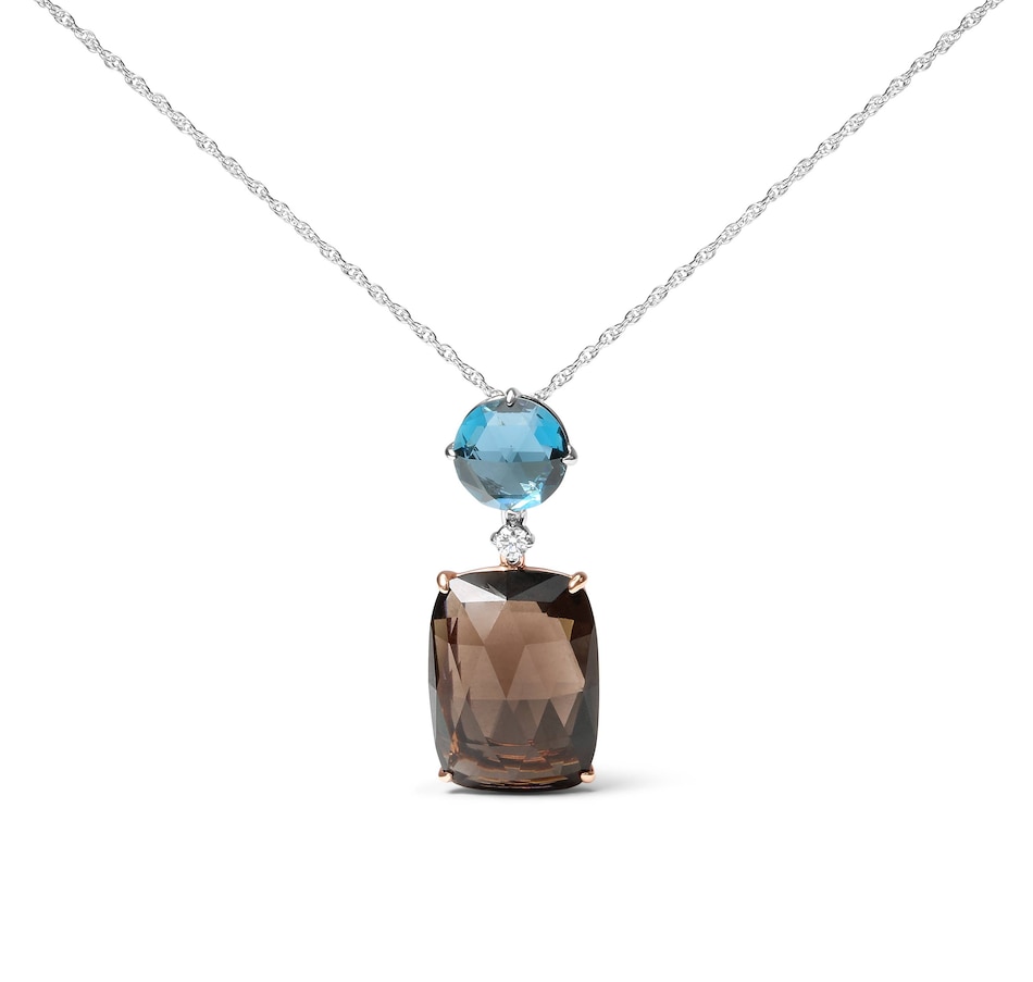 Image 909068.jpg, Product 909-068 / Price $12,519.00, 18K Rose and White Gold Diamond Accent and London Blue Topaz and Cushion Cut Smoky Quartz Gemstone Dangle Drop 18" Pendant Necklace (G-H Color, SI1-SI2 Clarity) from Haus of Brilliance on TSC.ca's Jewellery department