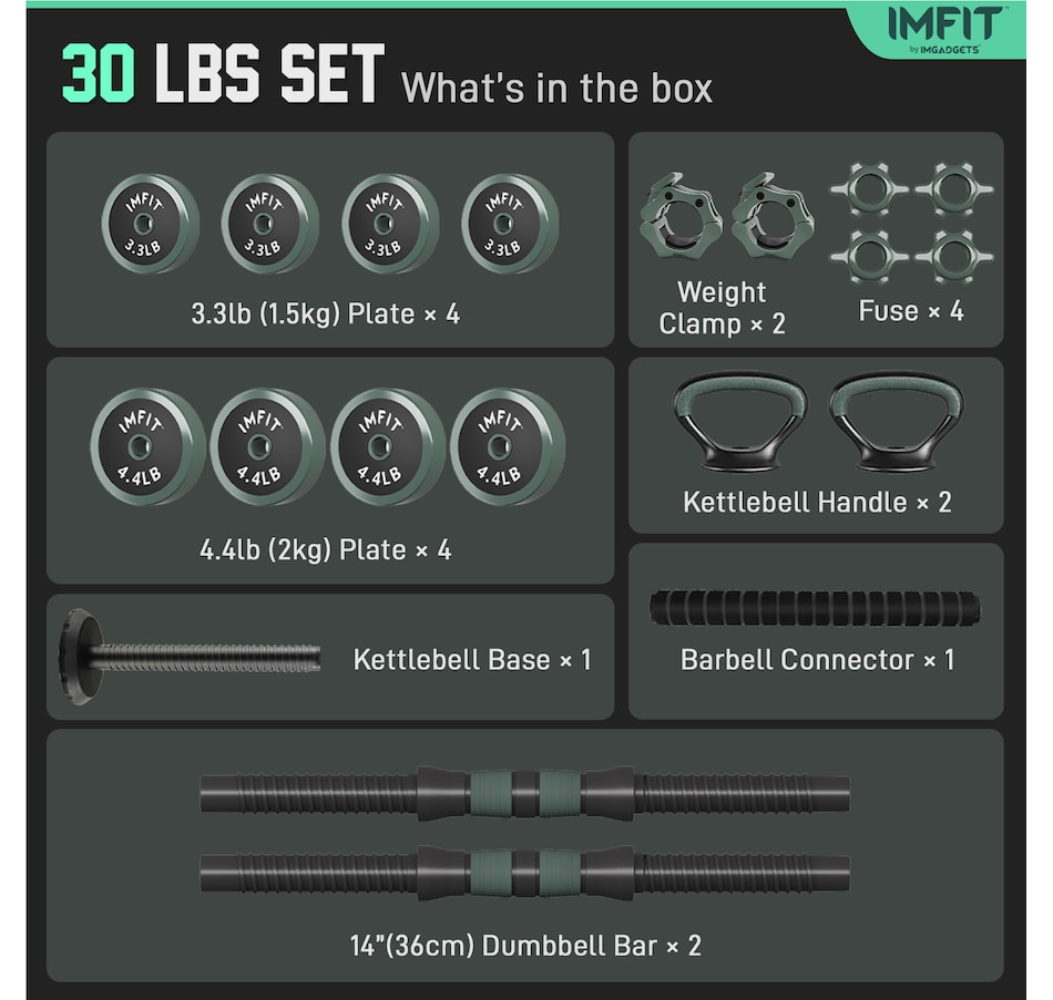 Image 913031_ALTMORE7.jpg, Product 913-031 / Price $119.99 - $259.99, IMFIT AIO Weight Adjustable Dumbbells (1.65 to 30 lbs) | Dumbbells, Barbells, Kettlebells, Push-Up Bars, Weight Plates for Full-Body Workout | Premium Weight set for Home Gym Fitness from IMFIT on TSC.ca's Health & Fitness department