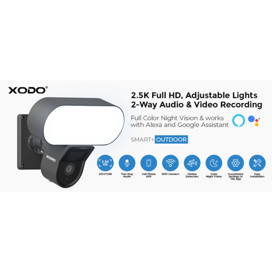 Image 916896_ALTMORE1.jpg, Product 916-896 / Price $89.99, XODO E9 Smart Wi-Fi Floodlight Security Camera – 2.5K HD Outdoor Camera with Motion Detection, Two-Way Audio & Night Vision from XODO on TSC.ca's Electronics department