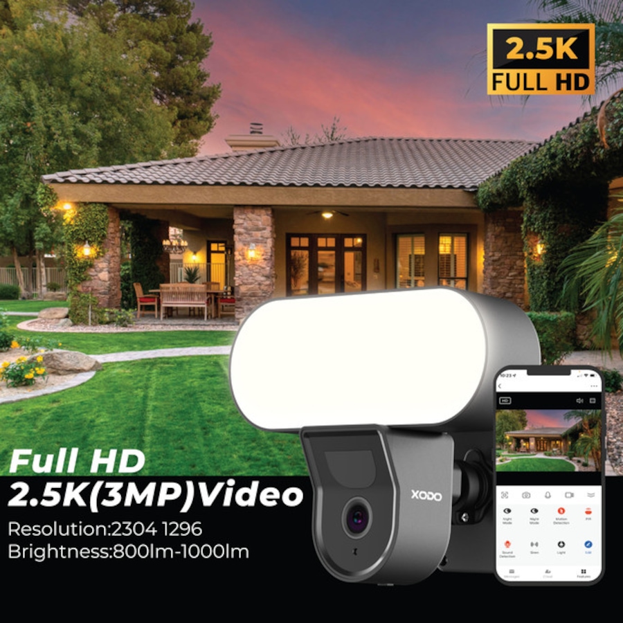 Image 916896_ALTMORE3.jpg, Product 916-896 / Price $89.99, XODO E9 Smart Wi-Fi Floodlight Security Camera – 2.5K HD Outdoor Camera with Motion Detection, Two-Way Audio & Night Vision from XODO on TSC.ca's Electronics department