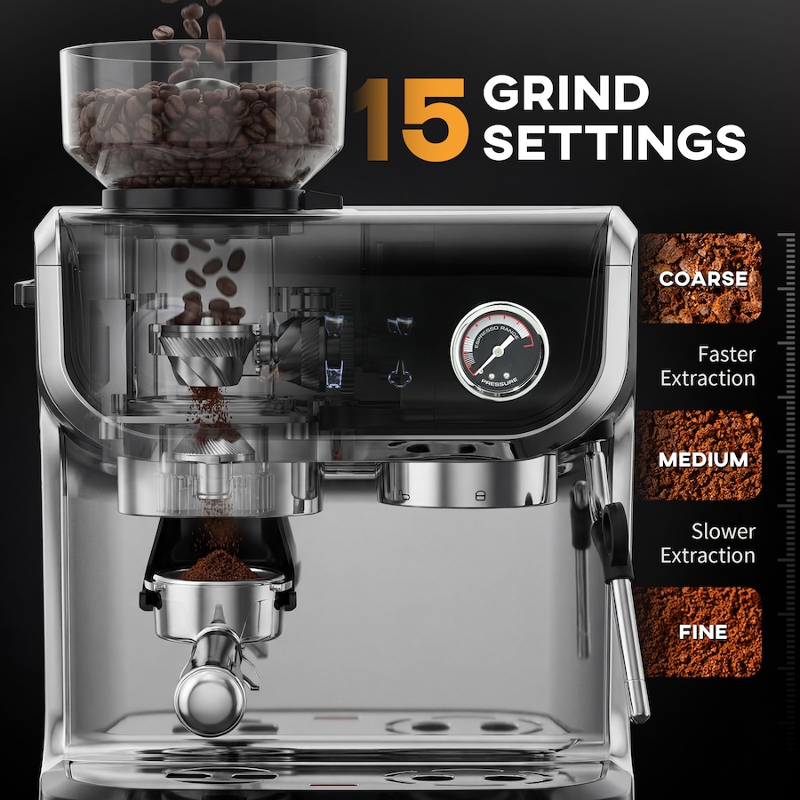 Image 916980_ALTMORE3.jpg, Product 916-980 / Price $289.99, HOMCOM Espresso Machine with Built-in Grinder Milk Frother Steam Wand Black from HOMCOM on TSC.ca's Kitchen department