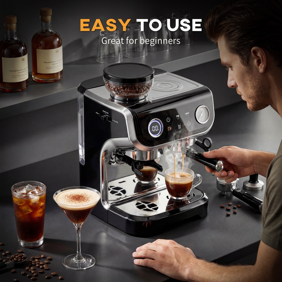 Image 916980_ALTMORE6.jpg, Product 916-980 / Price $289.99, HOMCOM Espresso Machine with Built-in Grinder Milk Frother Steam Wand Black from HOMCOM on TSC.ca's Kitchen department