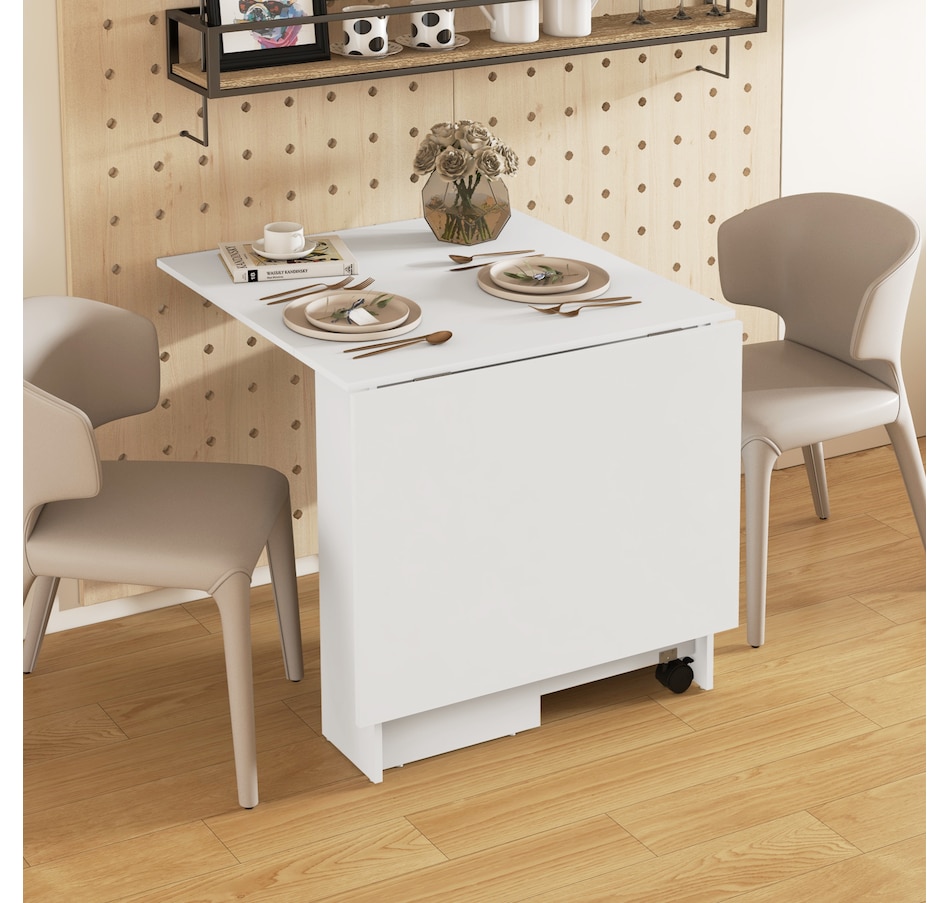 Image 917455_ALTMORE16.jpg, Product 917-455 / Price $129.99, HOMCOM Foldable Dining Table with Storage Shelves, Drop Leaf, Wheels from HOMCOM on TSC.ca's Home & Garden department