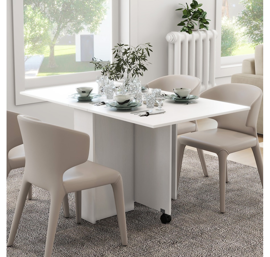 Image 917455_ALTMORE17.jpg, Product 917-455 / Price $129.99, HOMCOM Foldable Dining Table with Storage Shelves, Drop Leaf, Wheels from HOMCOM on TSC.ca's Home & Garden department