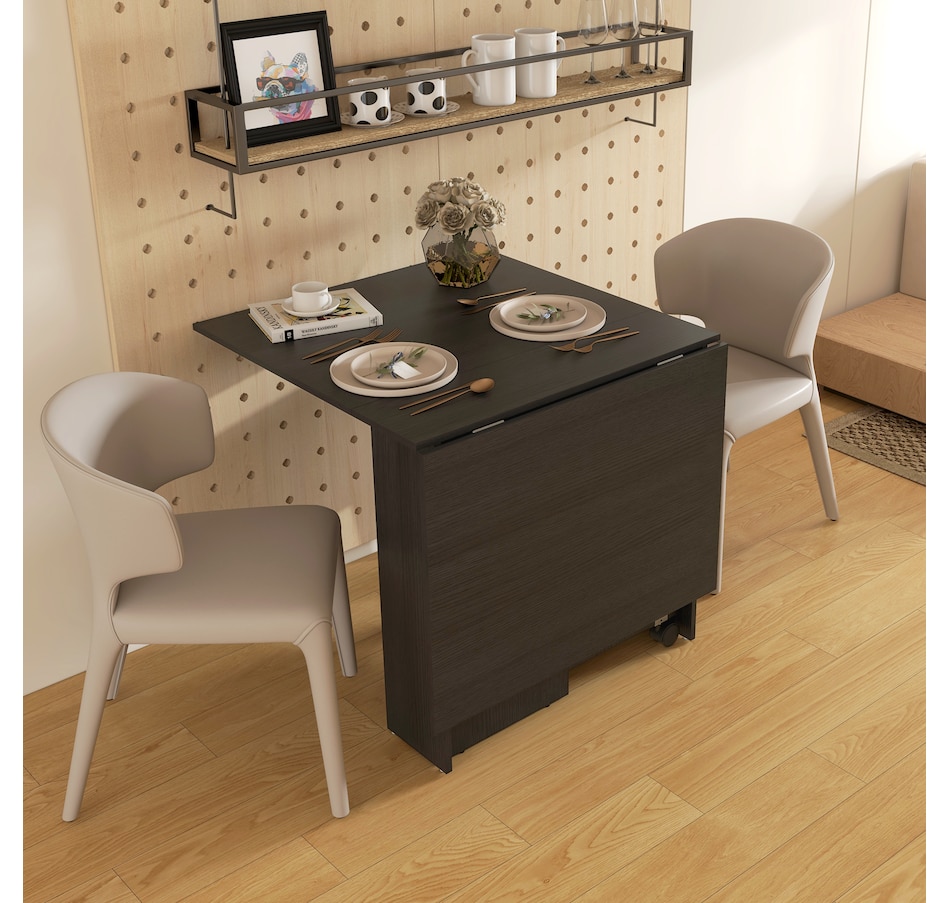 Image 917455_ALTMORE6.jpg, Product 917-455 / Price $129.99, HOMCOM Foldable Dining Table with Storage Shelves, Drop Leaf, Wheels from HOMCOM on TSC.ca's Home & Garden department