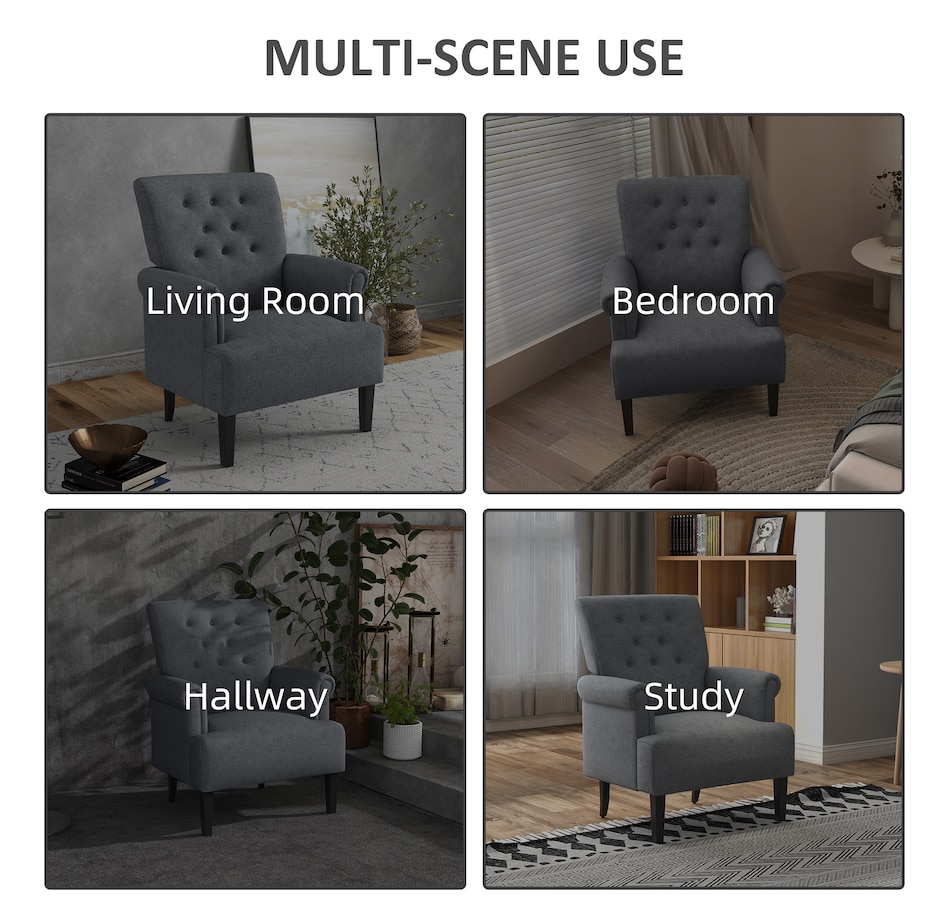 Image 917459_ALTMORE5.jpg, Product 917-459 / Price $159.99 - $229.99, HOMCOM Fabric Accent Chair Tufted Armchair w/ Wood Legs Rolled Arms from HOMCOM on TSC.ca's Home & Garden department