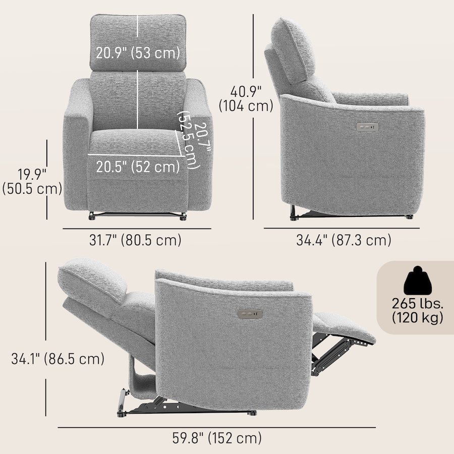 Image 917500_ALTMORE2.jpg, Product 917-500 / Price $419.99, HOMCOM Power Recliner Chair, Upholstered Recliner Chair w/ USB Ports from HOMCOM on TSC.ca's Home & Garden department