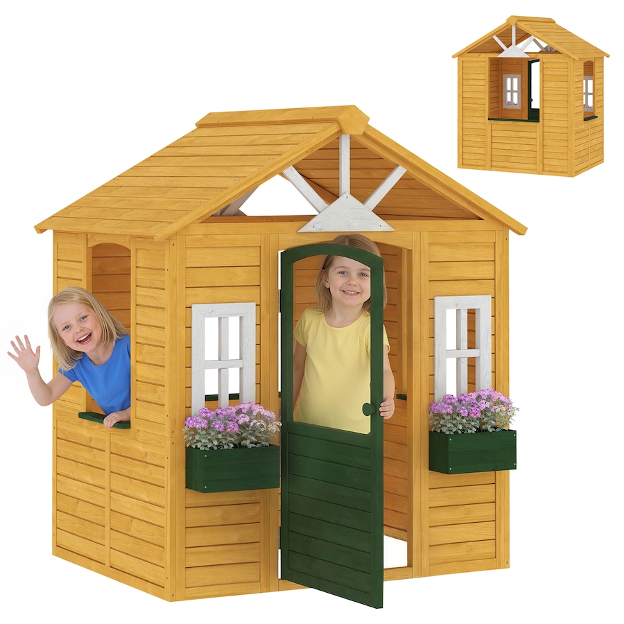 Image 917559.jpg, Product 917-559 / Price $264.99, Qaba Outdoor Playhouse, Wooden Kids Playhouse with Door, 2 Flower Boxes from Qaba on TSC.ca's Home & Garden department