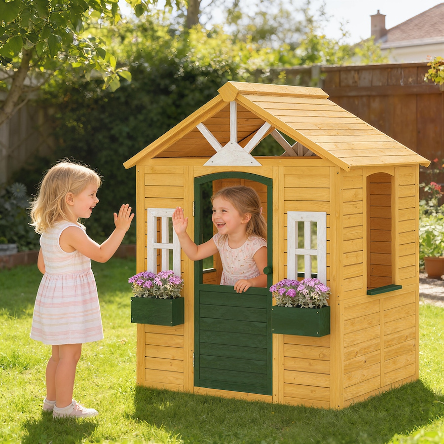 Image 917559_ALTMORE1.jpg, Product 917-559 / Price $264.99, Qaba Outdoor Playhouse, Wooden Kids Playhouse with Door, 2 Flower Boxes from Qaba on TSC.ca's Home & Garden department