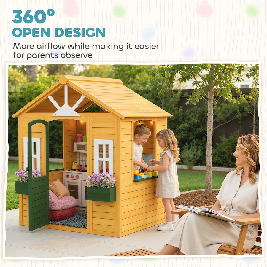 Image 917559_ALTMORE6.jpg, Product 917-559 / Price $264.99, Qaba Outdoor Playhouse, Wooden Kids Playhouse with Door, 2 Flower Boxes from Qaba on TSC.ca's Home & Garden department
