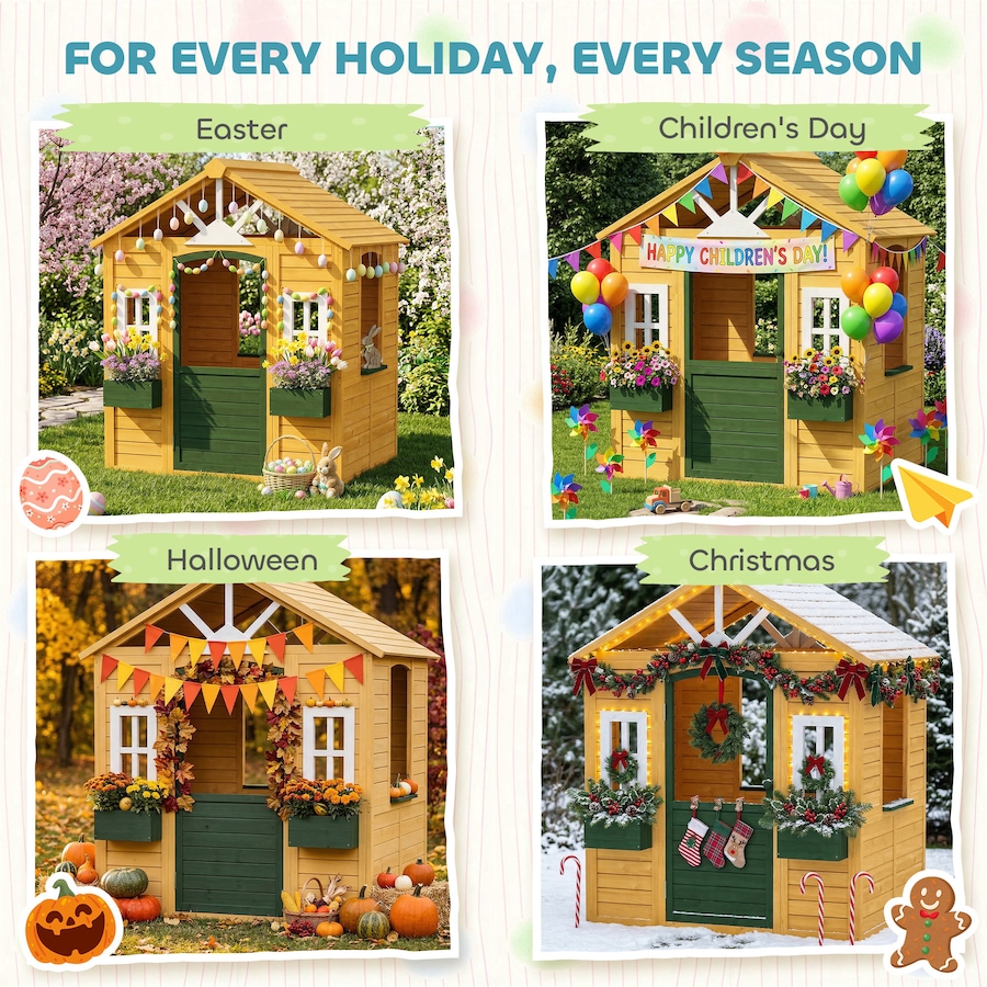 Image 917559_ALTMORE8.jpg, Product 917-559 / Price $264.99, Qaba Outdoor Playhouse, Wooden Kids Playhouse with Door, 2 Flower Boxes from Qaba on TSC.ca's Home & Garden department