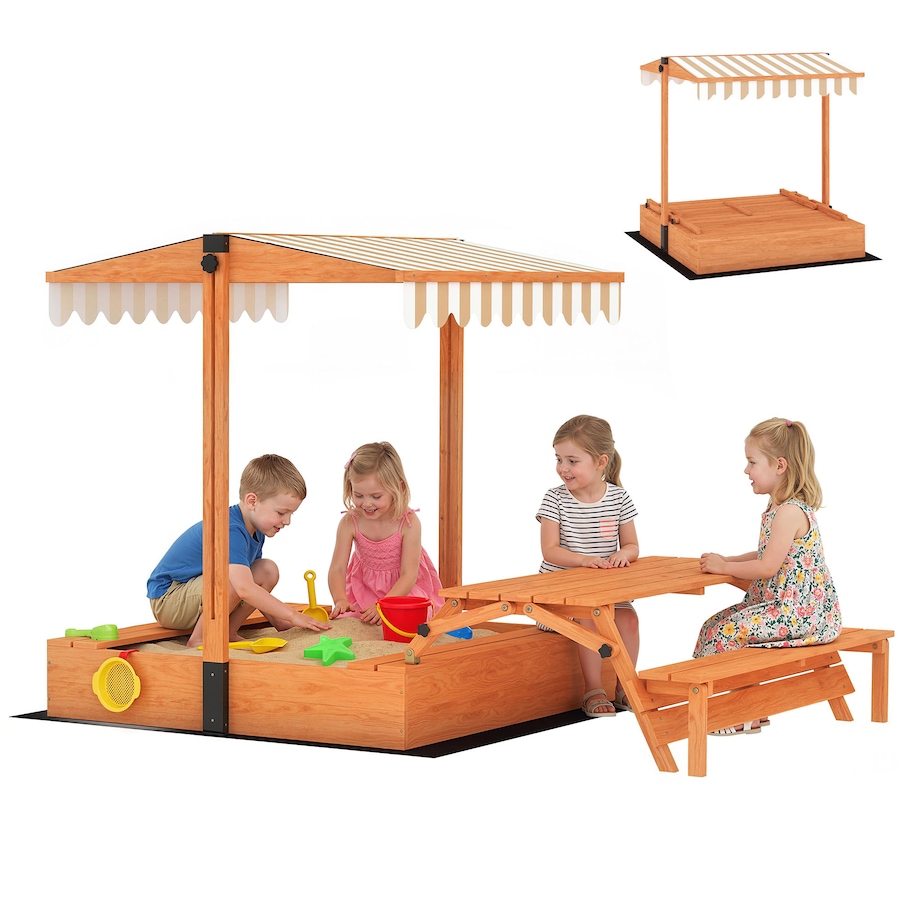 Image 917667.jpg, Product 917-667 / Price $199.99, Qaba Wooden Kids Sandbox with Canopy, Foldable Picnic Table, Bench Seats from Qaba on TSC.ca's Home & Garden department