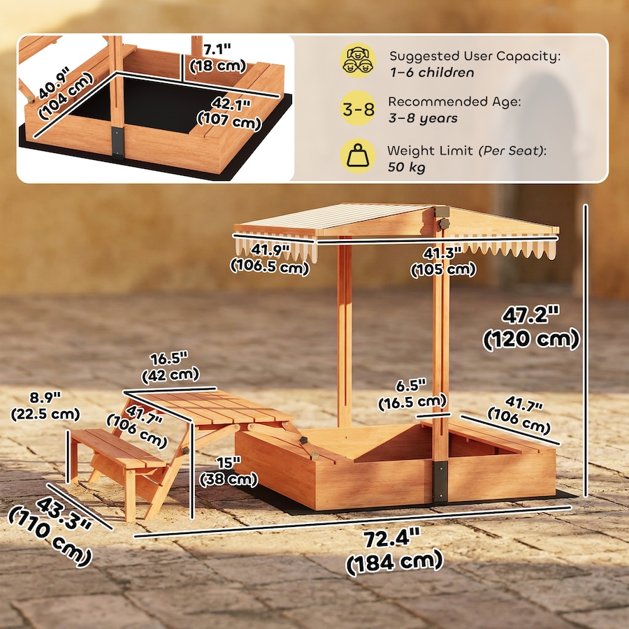 Image 917667_ALTMORE2.jpg, Product 917-667 / Price $199.99, Qaba Wooden Kids Sandbox with Canopy, Foldable Picnic Table, Bench Seats from Qaba on TSC.ca's Home & Garden department