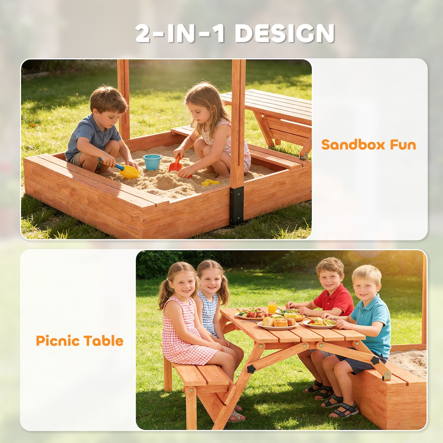 Image 917667_ALTMORE3.jpg, Product 917-667 / Price $199.99, Qaba Wooden Kids Sandbox with Canopy, Foldable Picnic Table, Bench Seats from Qaba on TSC.ca's Home & Garden department