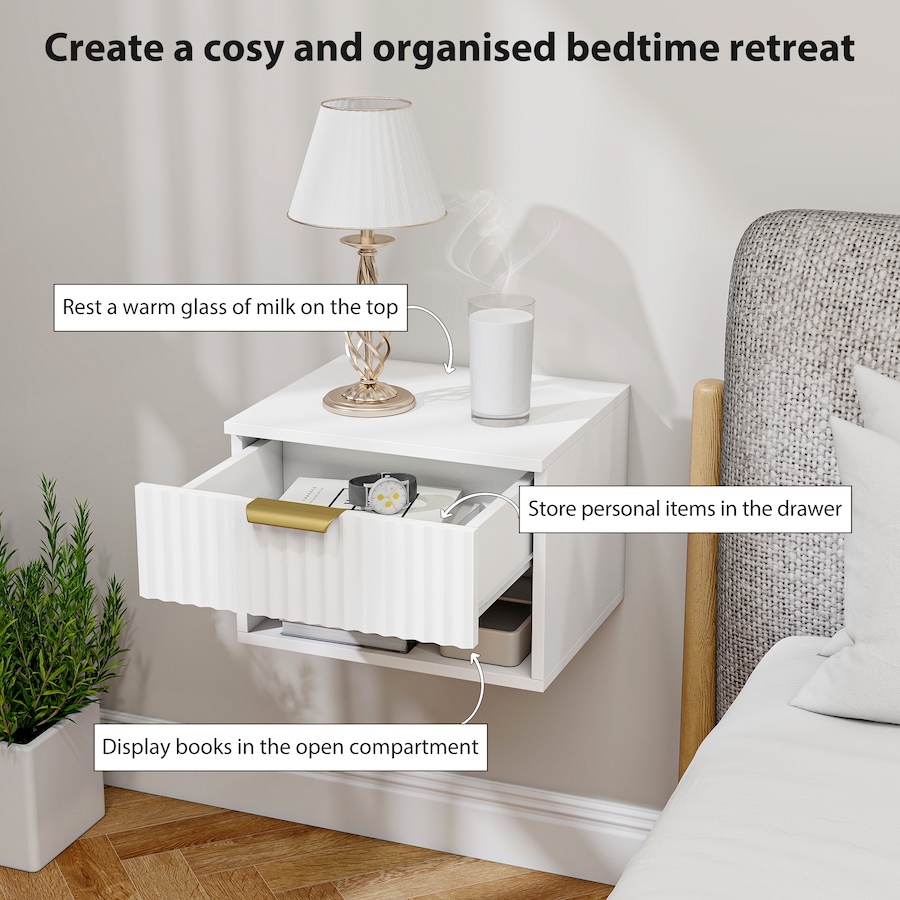 Image 919864_ALTMORE4.jpg, Product 919-864 / Price $96.99 - $99.99, HOMCOM Floating Nightstands Set of 2, Bedside Tables with Fluted Drawer from HOMCOM on TSC.ca's Home & Garden department