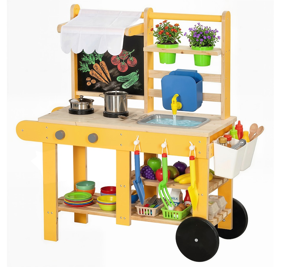 Image 921566.jpg, Product 921-566 / Price $99.99, Qaba Mud Kitchen with Wheels, Sink, Stove, Shelf and Blackboard, Yellow from Qaba on TSC.ca's Toys & Hobbies department