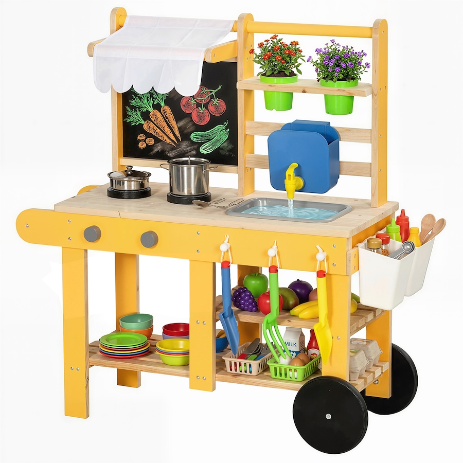 Image 921566.jpg, Product 921-566 / Price $89.99, Qaba Mud Kitchen with Wheels, Sink, Stove, Shelf and Blackboard, Yellow from Qaba on TSC.ca's Toys & Hobbies department