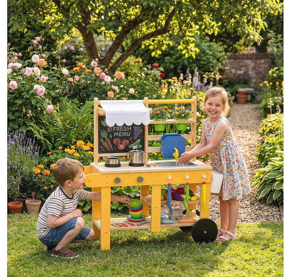 Image 921566_ALTMORE1.jpg, Product 921-566 / Price $99.99, Qaba Mud Kitchen with Wheels, Sink, Stove, Shelf and Blackboard, Yellow from Qaba on TSC.ca's Toys & Hobbies department
