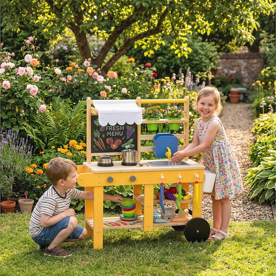 Image 921566_ALTMORE1.jpg, Product 921-566 / Price $89.99, Qaba Mud Kitchen with Wheels, Sink, Stove, Shelf and Blackboard, Yellow from Qaba on TSC.ca's Toys & Hobbies department