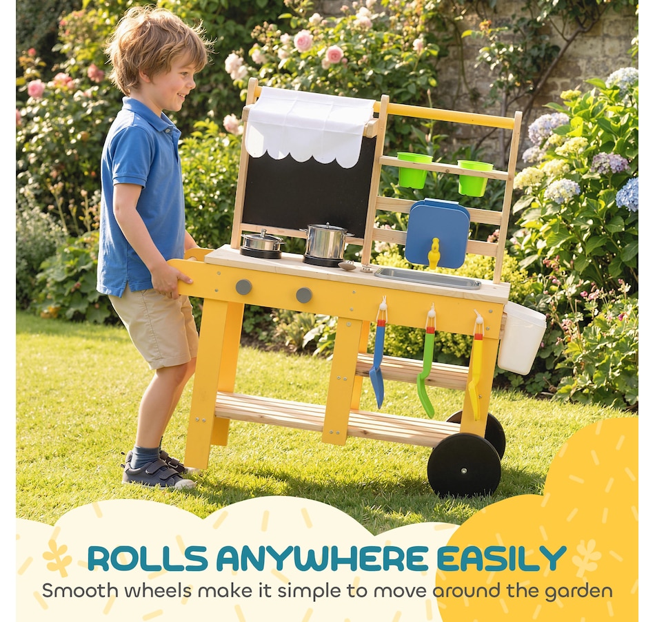 Image 921566_ALTMORE4.jpg, Product 921-566 / Price $99.99, Qaba Mud Kitchen with Wheels, Sink, Stove, Shelf and Blackboard, Yellow from Qaba on TSC.ca's Toys & Hobbies department