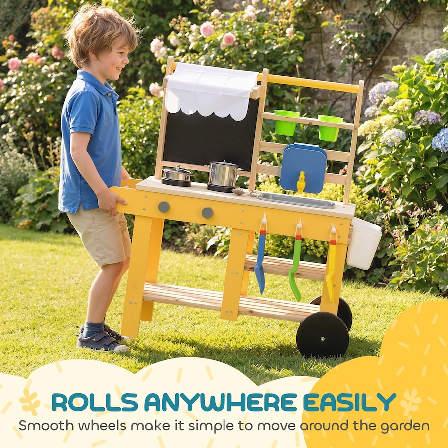 Image 921566_ALTMORE4.jpg, Product 921-566 / Price $89.99, Qaba Mud Kitchen with Wheels, Sink, Stove, Shelf and Blackboard, Yellow from Qaba on TSC.ca's Toys & Hobbies department