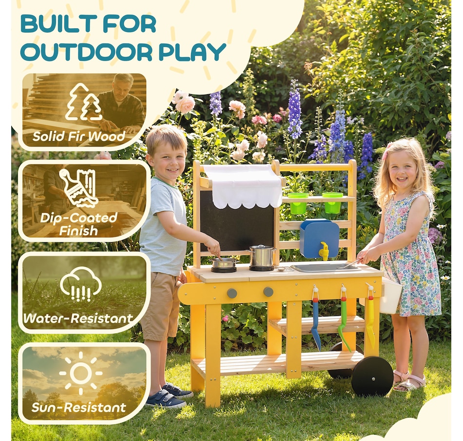 Image 921566_ALTMORE5.jpg, Product 921-566 / Price $99.99, Qaba Mud Kitchen with Wheels, Sink, Stove, Shelf and Blackboard, Yellow from Qaba on TSC.ca's Toys & Hobbies department