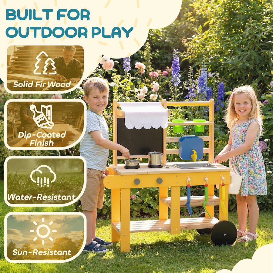 Image 921566_ALTMORE5.jpg, Product 921-566 / Price $89.99, Qaba Mud Kitchen with Wheels, Sink, Stove, Shelf and Blackboard, Yellow from Qaba on TSC.ca's Toys & Hobbies department